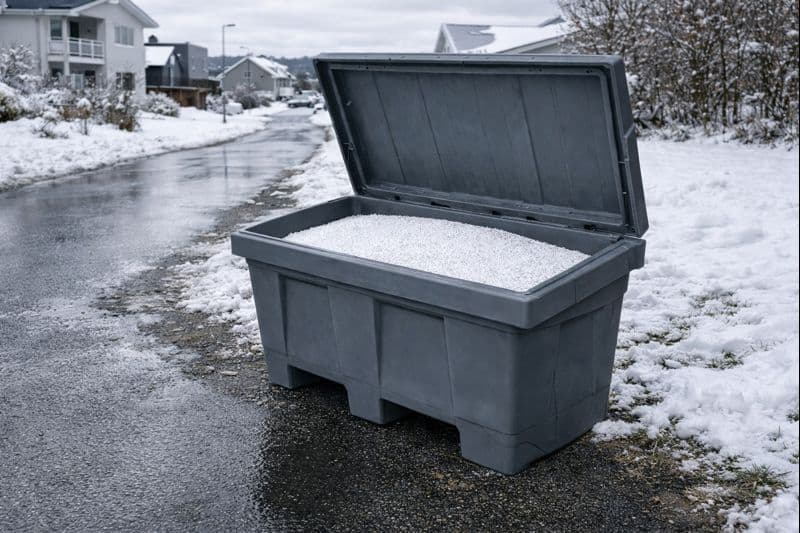 Åpen strøkasse fylt med veisalt.